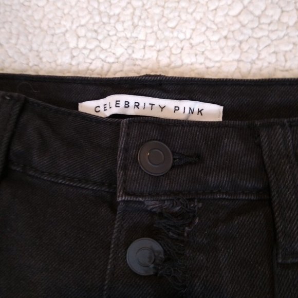 New Celebrity Pink Button Fly Jean Shorts Womens 11 Black MidRise Distress Jeans - Picture 5 of 9